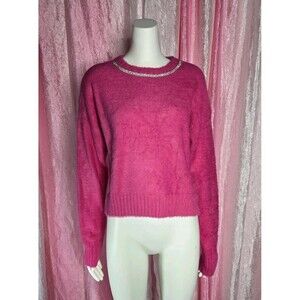 Chelsea & Violet Pink Rhinestone Cropped  Eyelash Soft Sweater Size Large